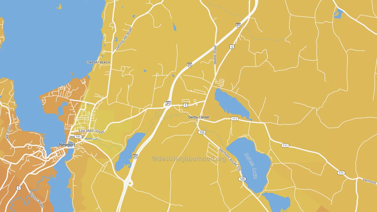 Map of the best neighborhoods in the Derby area, with better matches in green and worse matches in red
