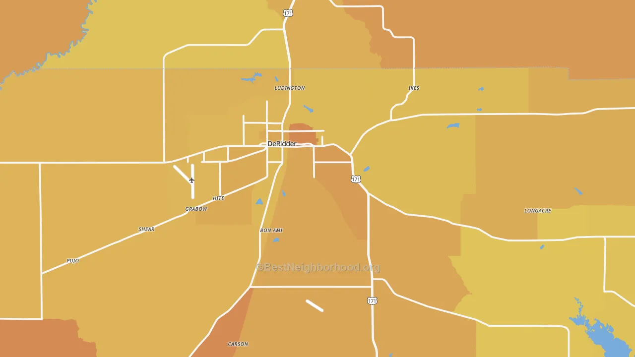 Map of the best neighborhoods in the Deridder area, with better matches in green and worse matches in red