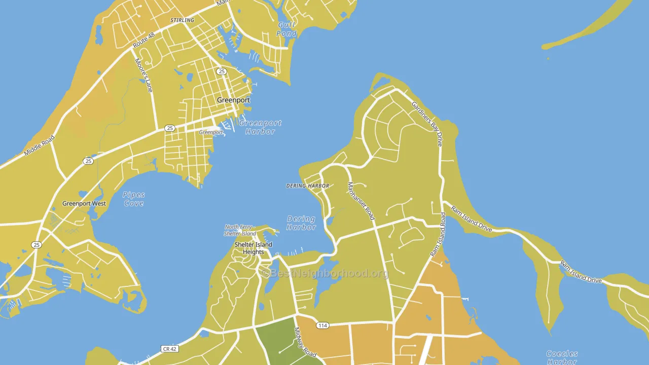 Map of the best neighborhoods in the Dering Harbor area, with better matches in green and worse matches in red
