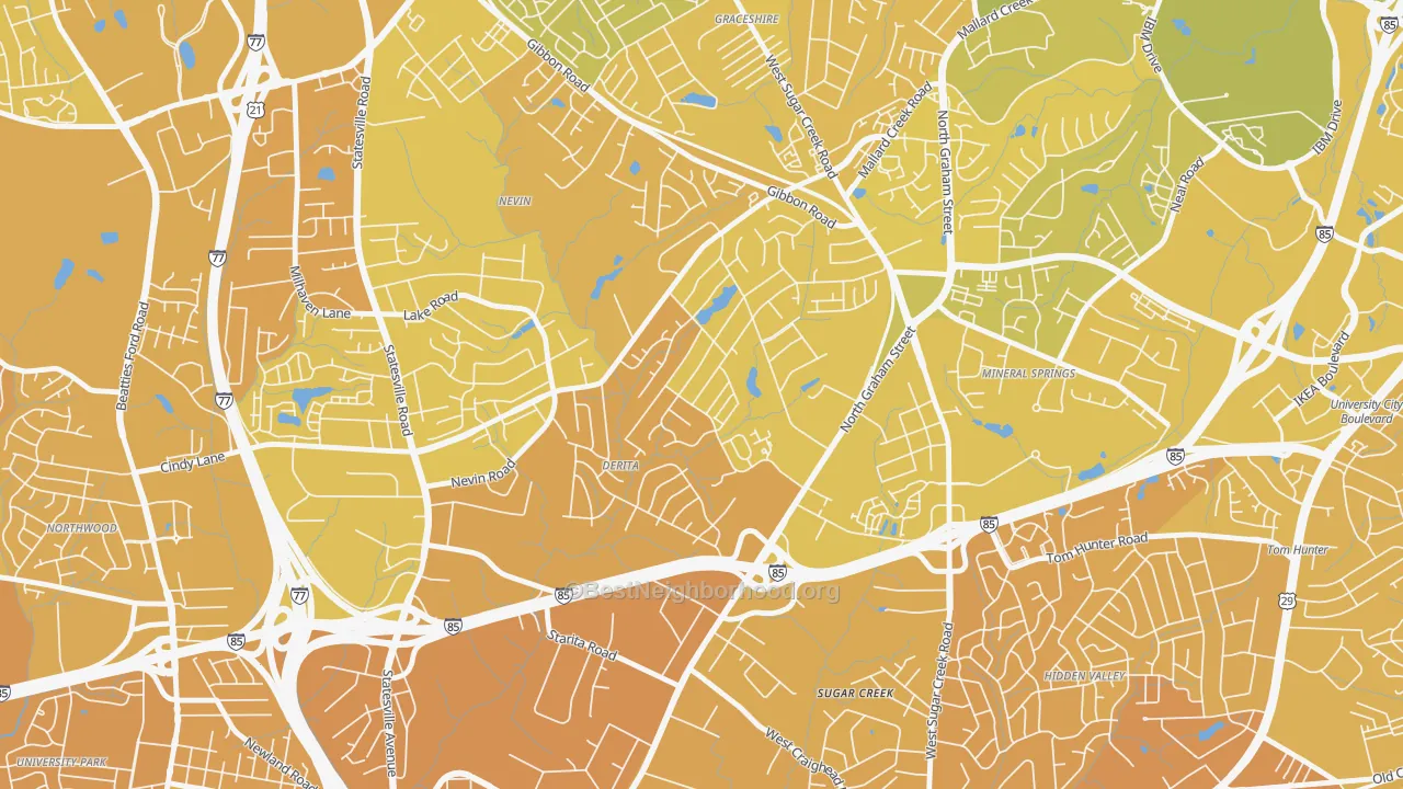 Map of the best neighborhoods in the Derita-Statesville, Charlotte area, with better matches in green and worse matches in red