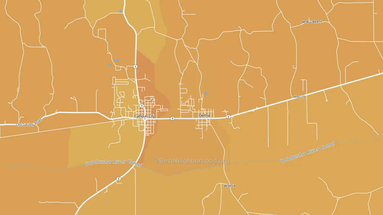 Map of the best neighborhoods in the Derma area, with better matches in green and worse matches in red