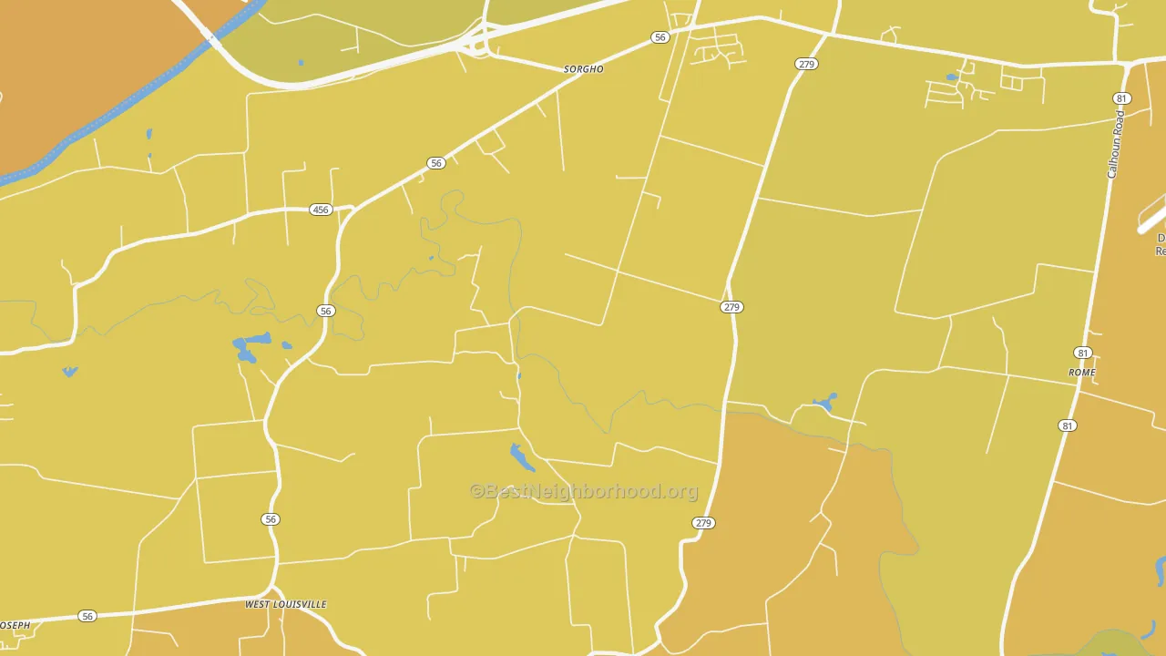 Map of the best neighborhoods in the Dermont area, with better matches in green and worse matches in red
