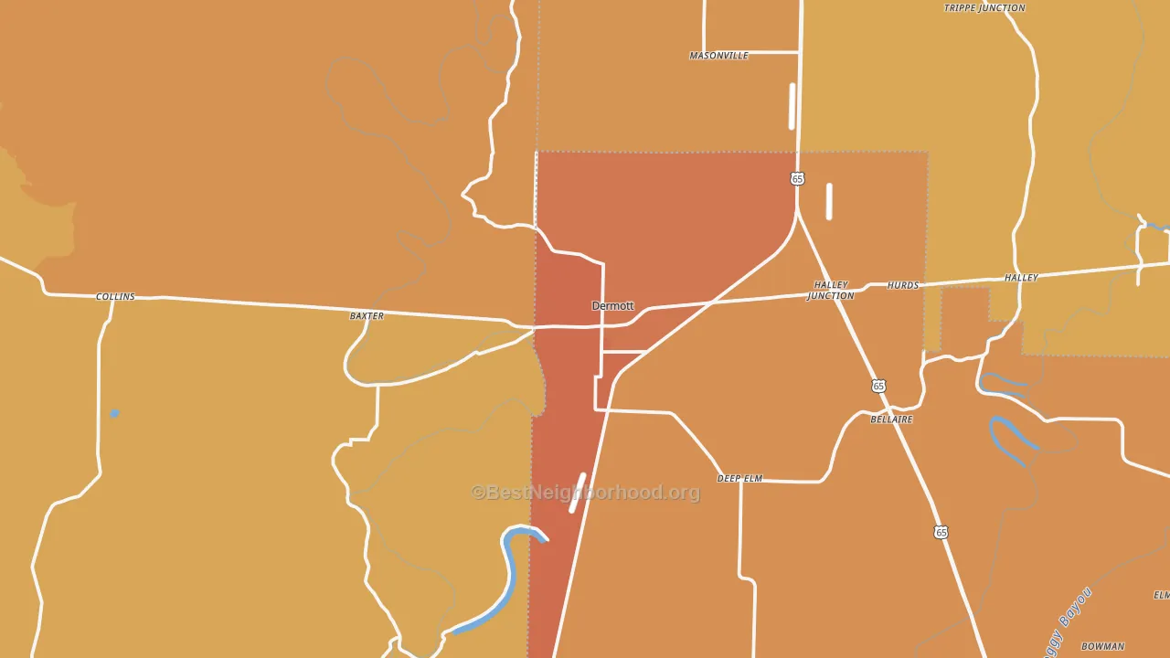 Map of the best neighborhoods in the Dermott area, with better matches in green and worse matches in red