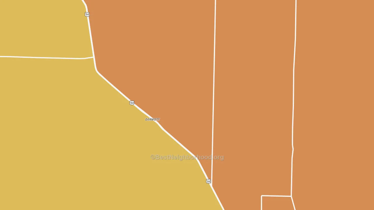 Map of the best neighborhoods in the Dermott area, with better matches in green and worse matches in red