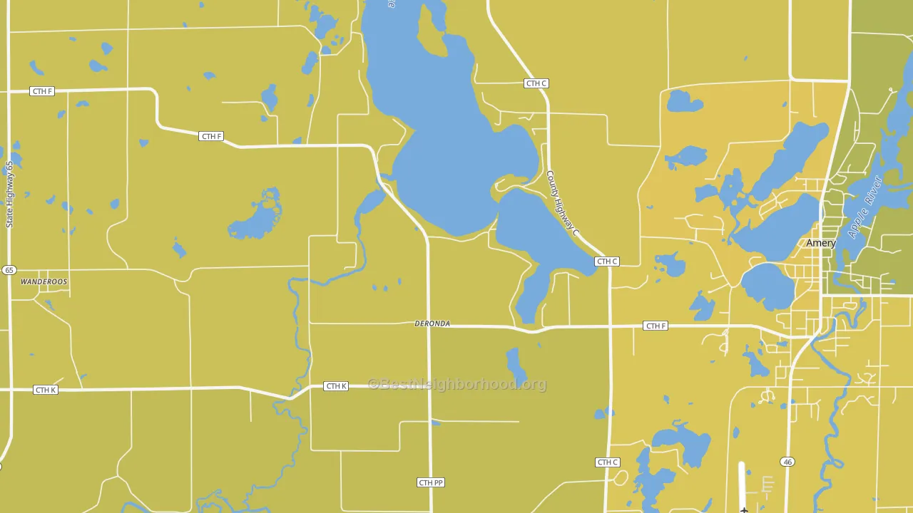 Map of the best neighborhoods in the Deronda area, with better matches in green and worse matches in red