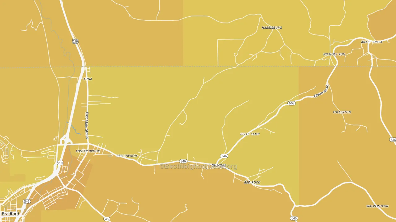 Map of the best neighborhoods in the Derrick City area, with better matches in green and worse matches in red