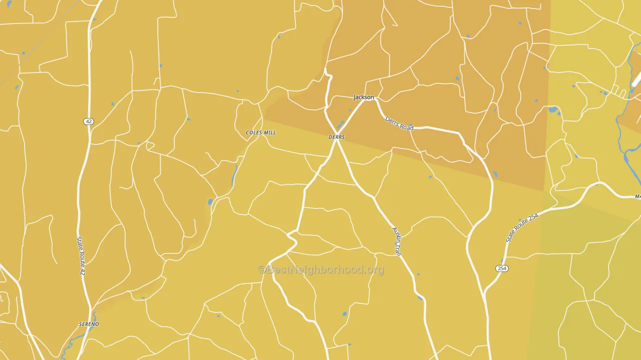 Map of the best neighborhoods in the Derrs area, with better matches in green and worse matches in red