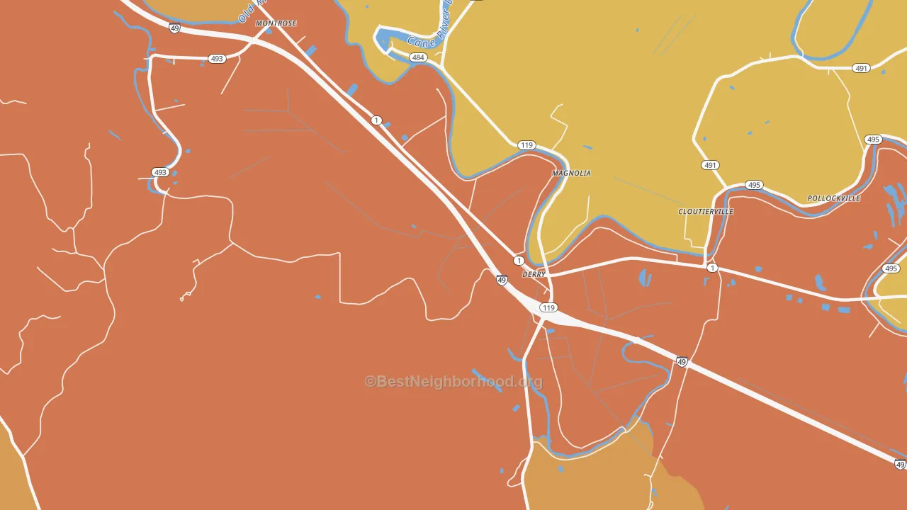 Map of the best neighborhoods in the Derry area, with better matches in green and worse matches in red