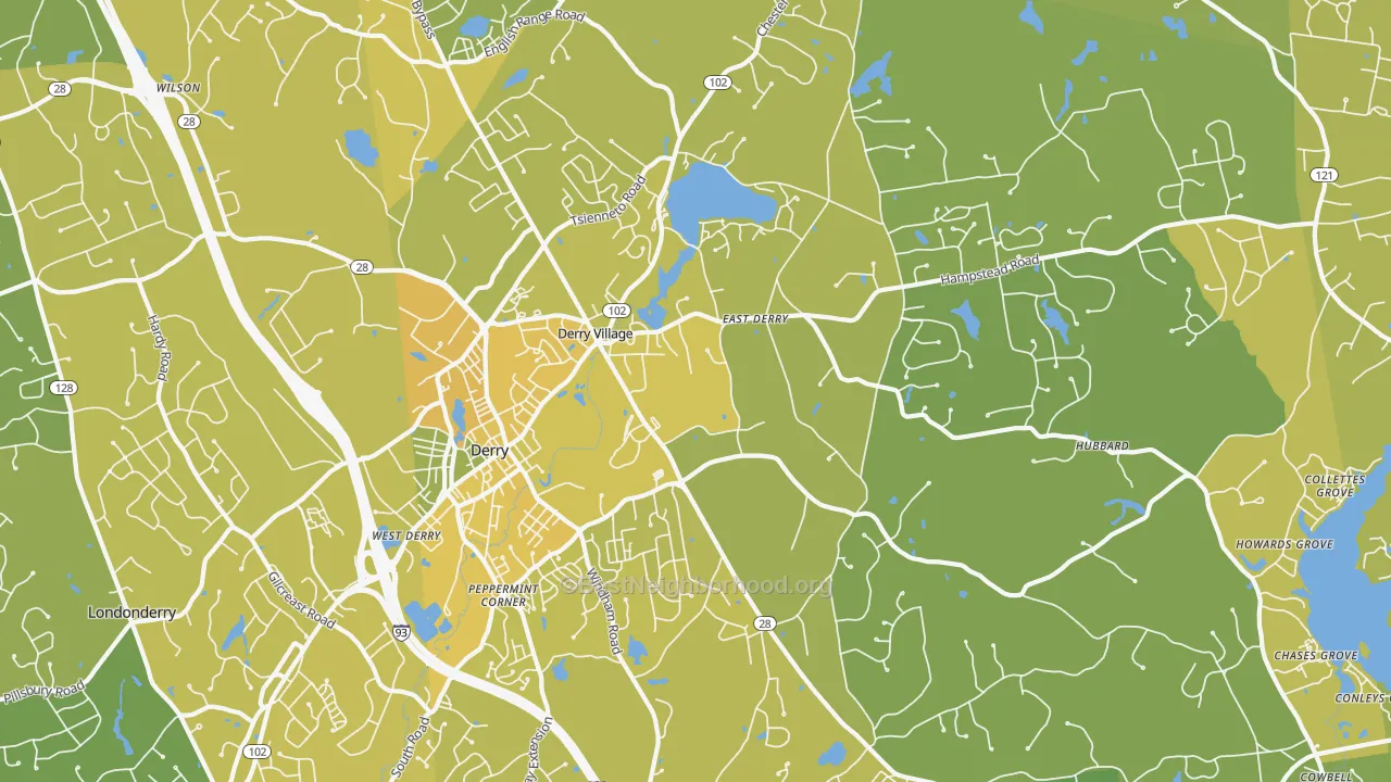 Map of the best neighborhoods in the Derry area, with better matches in green and worse matches in red