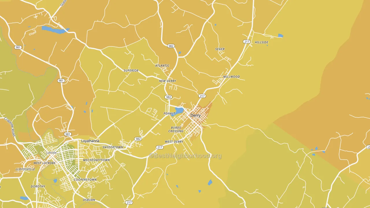 Map of the best neighborhoods in the Derry area, with better matches in green and worse matches in red