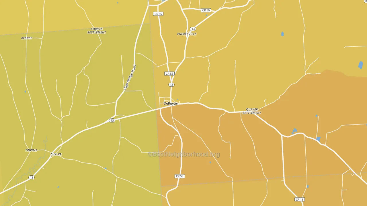 Map of the best neighborhoods in the DeRuyter area, with better matches in green and worse matches in red
