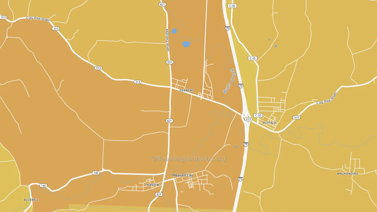 Map of the best neighborhoods in the Derwent area, with better matches in green and worse matches in red