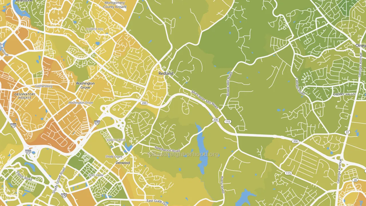 Map of the best neighborhoods in the Derwood area, with better matches in green and worse matches in red