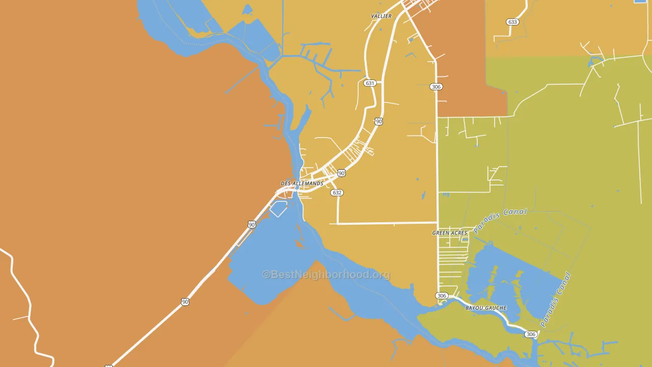 Map of the best neighborhoods in the Des Allemands area, with better matches in green and worse matches in red