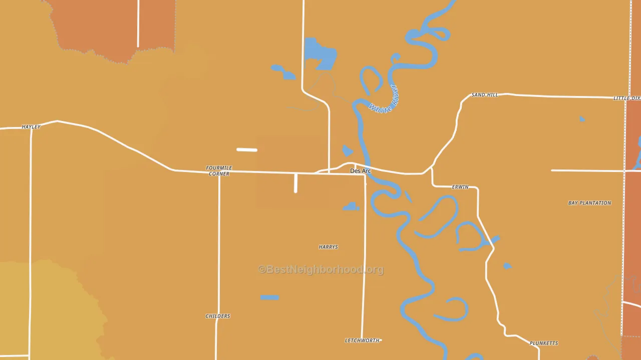 Map of the best neighborhoods in the Des Arc area, with better matches in green and worse matches in red