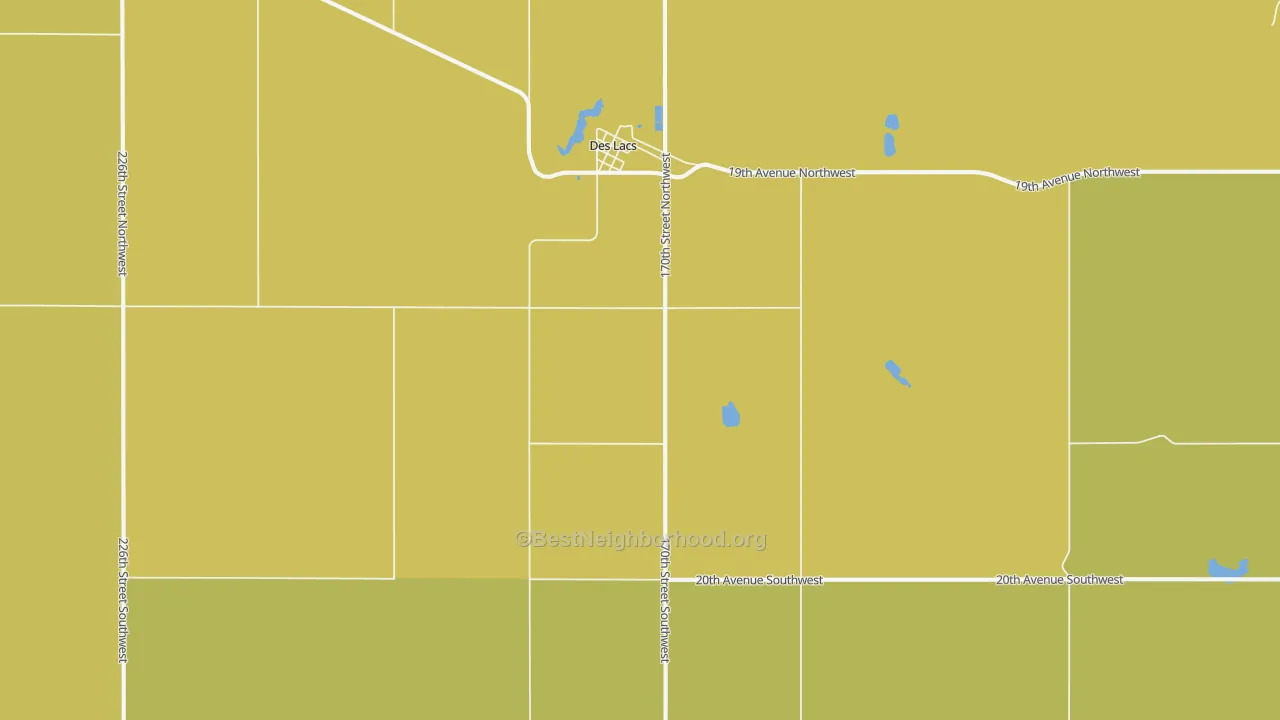Map of the best neighborhoods in the Des Lacs area, with better matches in green and worse matches in red