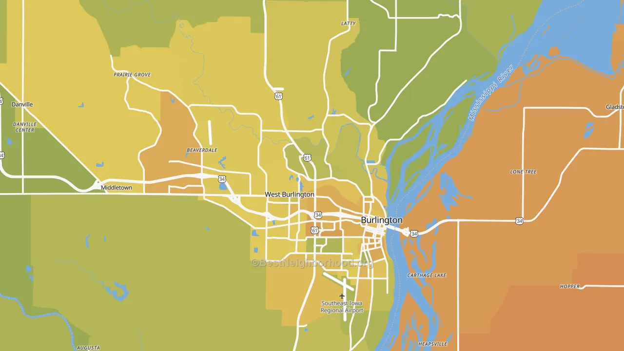 Map of the best neighborhoods in the Des Moines County area, with better matches in green and worse matches in red