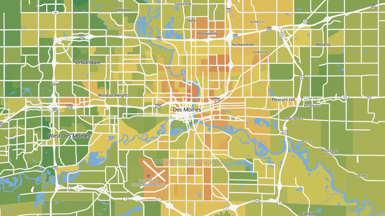Map of the best neighborhoods in the Des Moines Metro area, with better matches in green and worse matches in red
