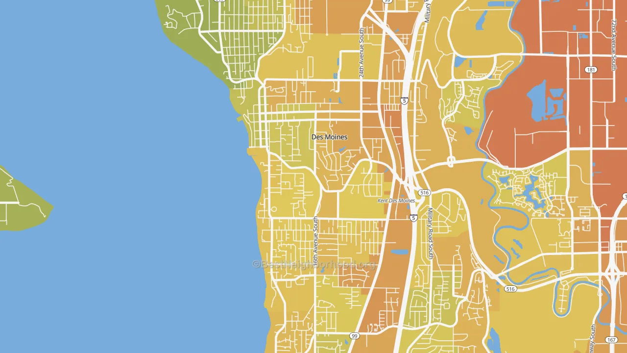 Map of the best neighborhoods in the Des Moines area, with better matches in green and worse matches in red