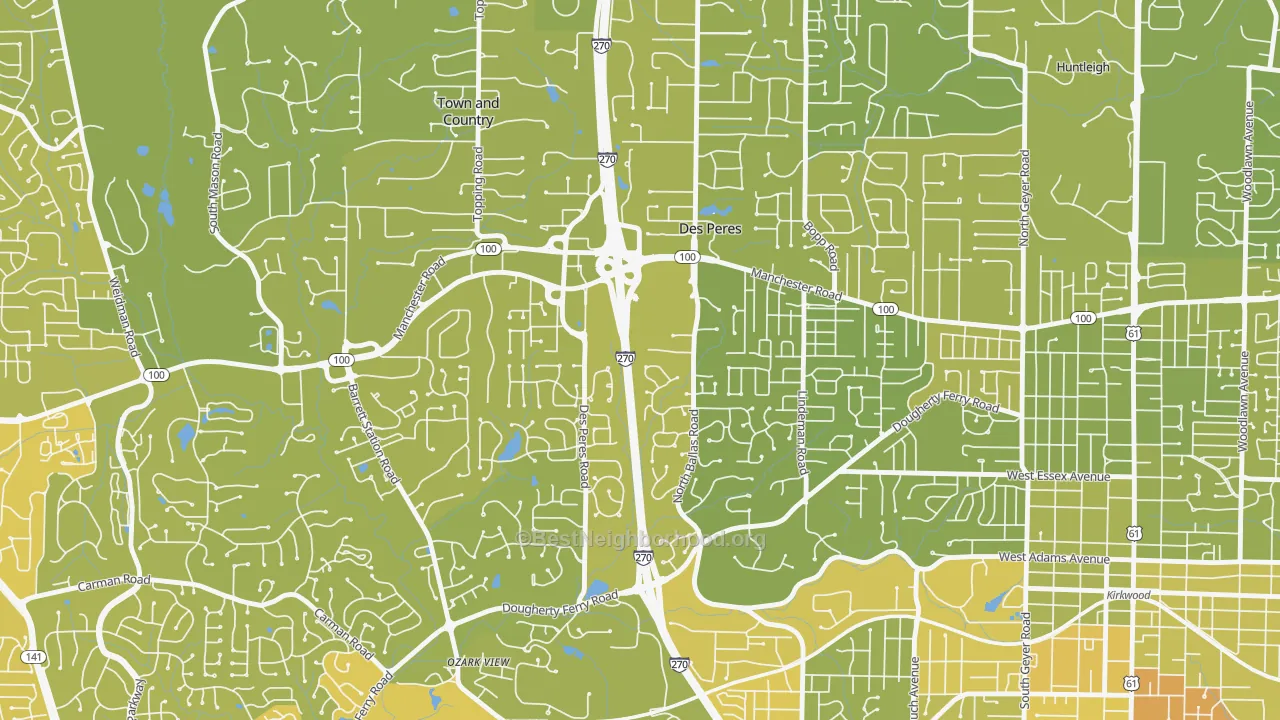Map of the best neighborhoods in the Des Peres area, with better matches in green and worse matches in red