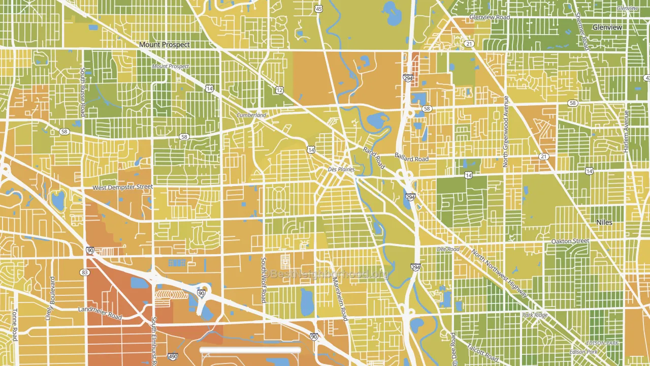 Map of the best neighborhoods in the Des Plaines area, with better matches in green and worse matches in red
