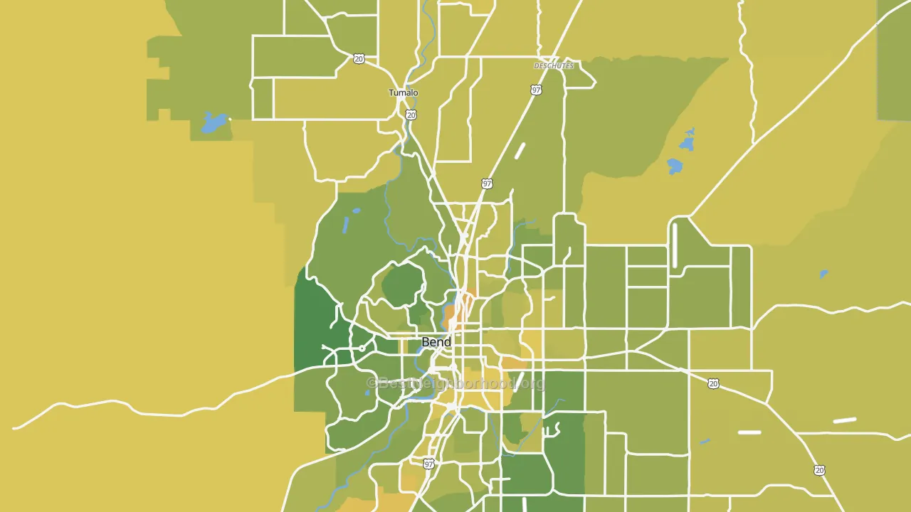 Map of the best neighborhoods in the Deschutes County area, with better matches in green and worse matches in red