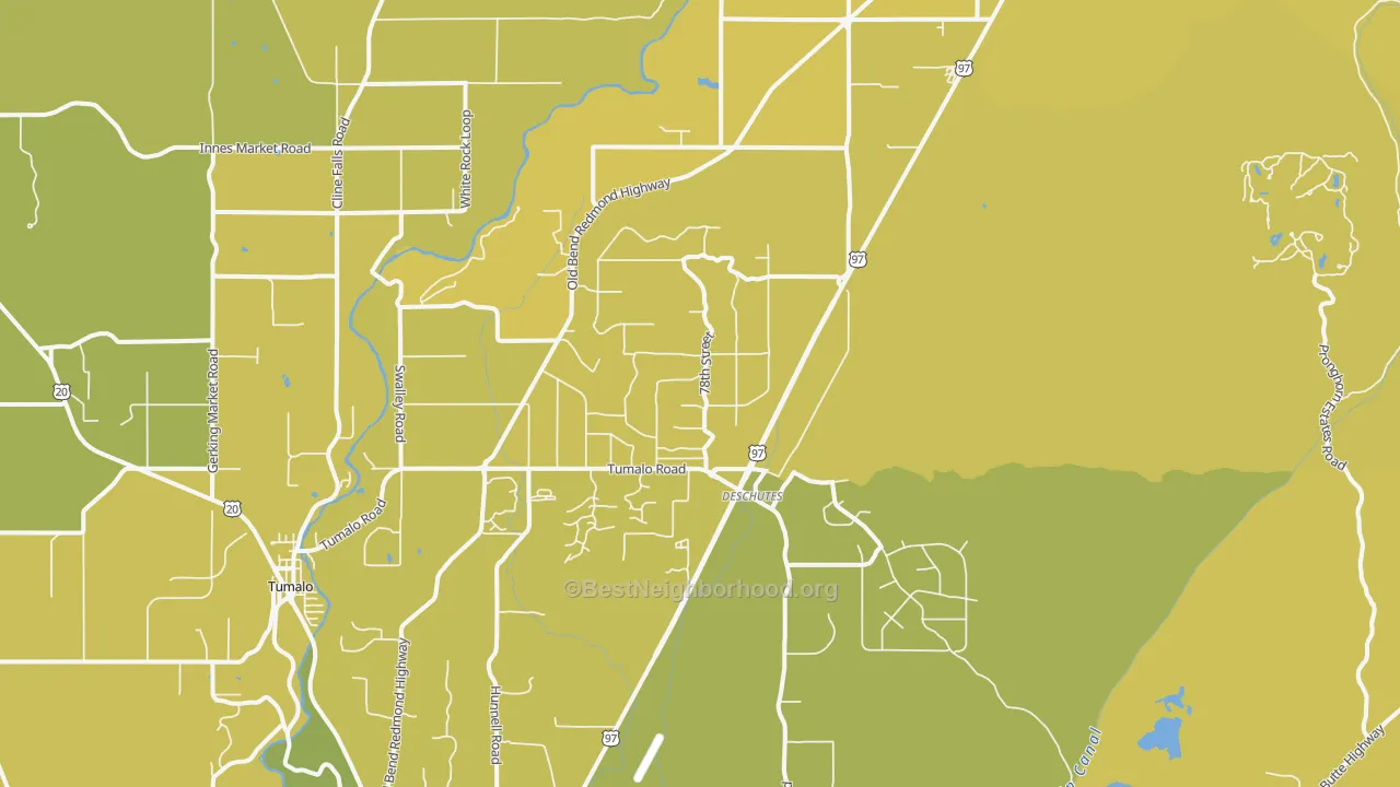 Map of the best neighborhoods in the Deschutes Junction area, with better matches in green and worse matches in red