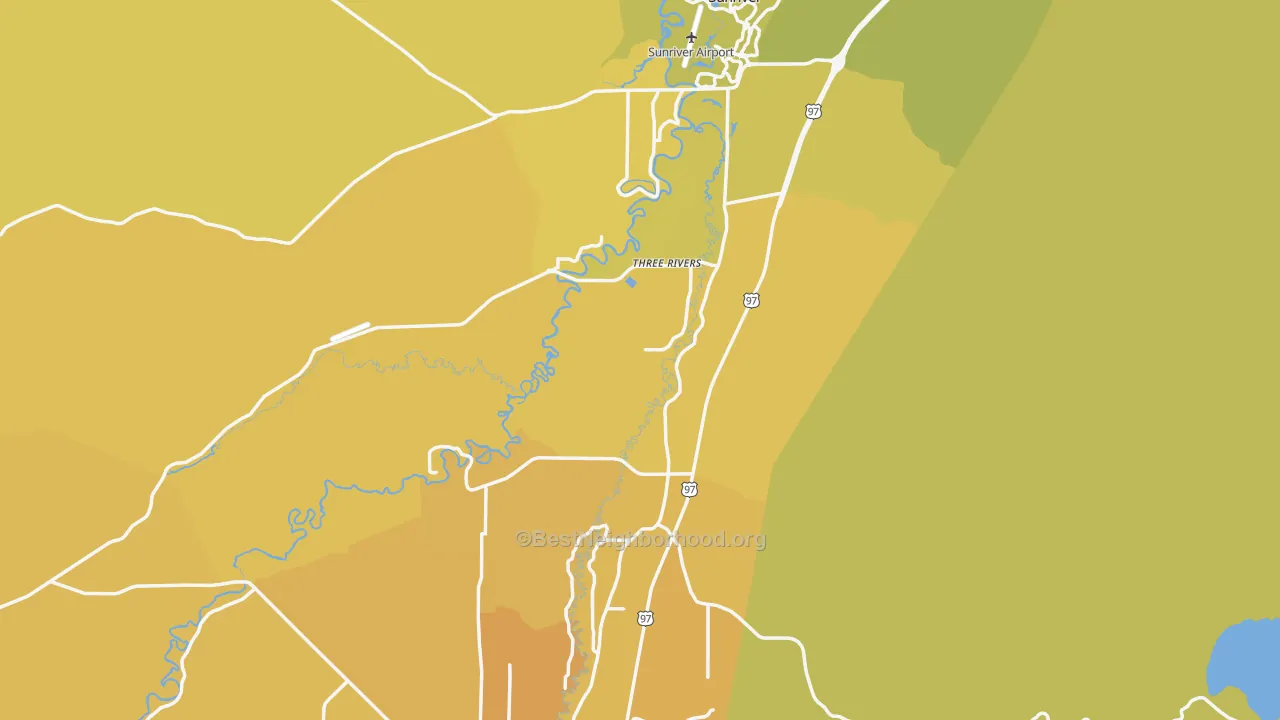 Map of the best neighborhoods in the Deschutes area, with better matches in green and worse matches in red