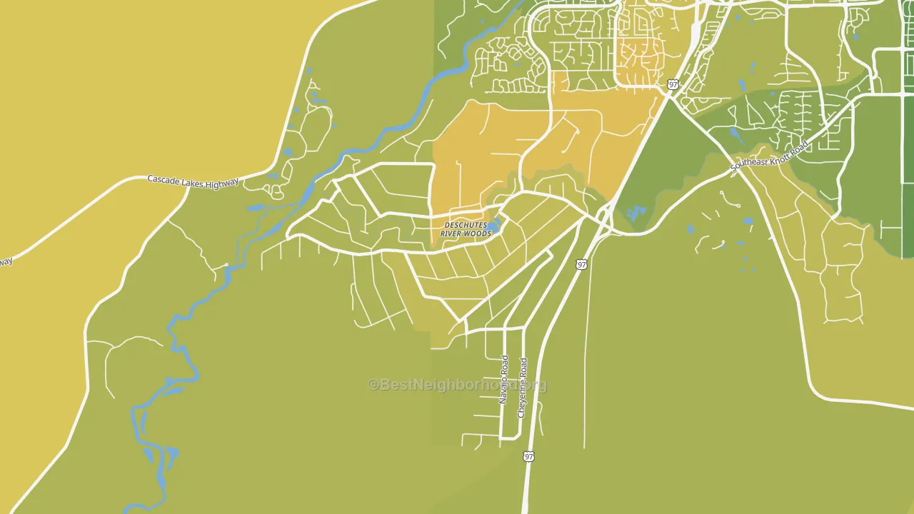 Map of the best neighborhoods in the Deschutes River Woods, Bend area, with better matches in green and worse matches in red