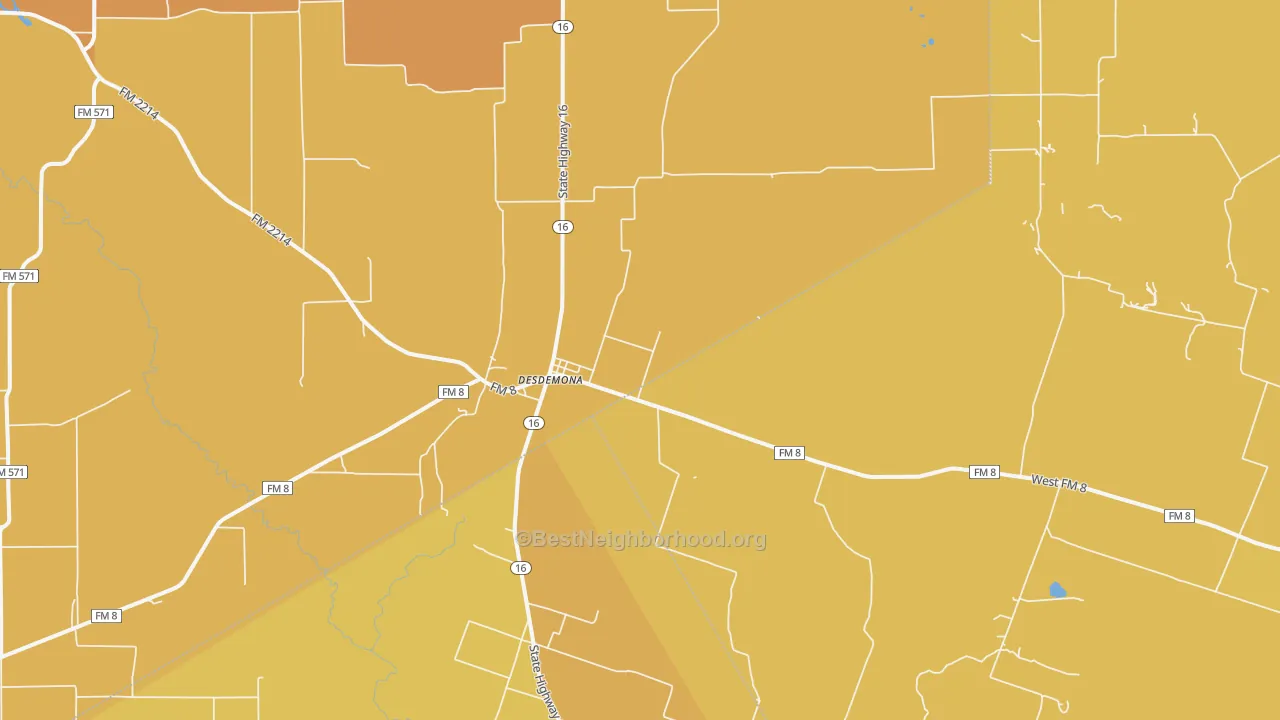 Map of the best neighborhoods in the Desdemona area, with better matches in green and worse matches in red