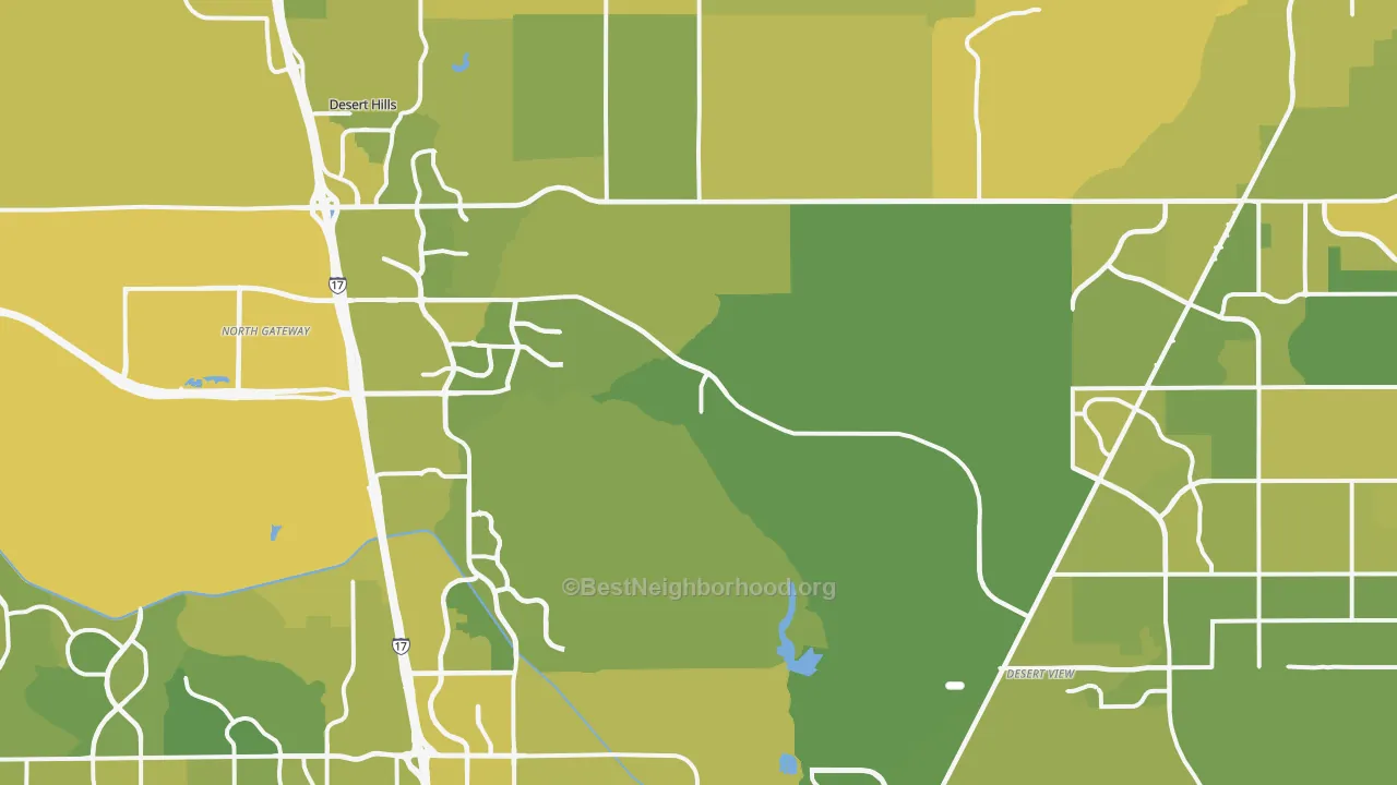 Map of the best neighborhoods in the Desert Hills, Cave Creek area, with better matches in green and worse matches in red