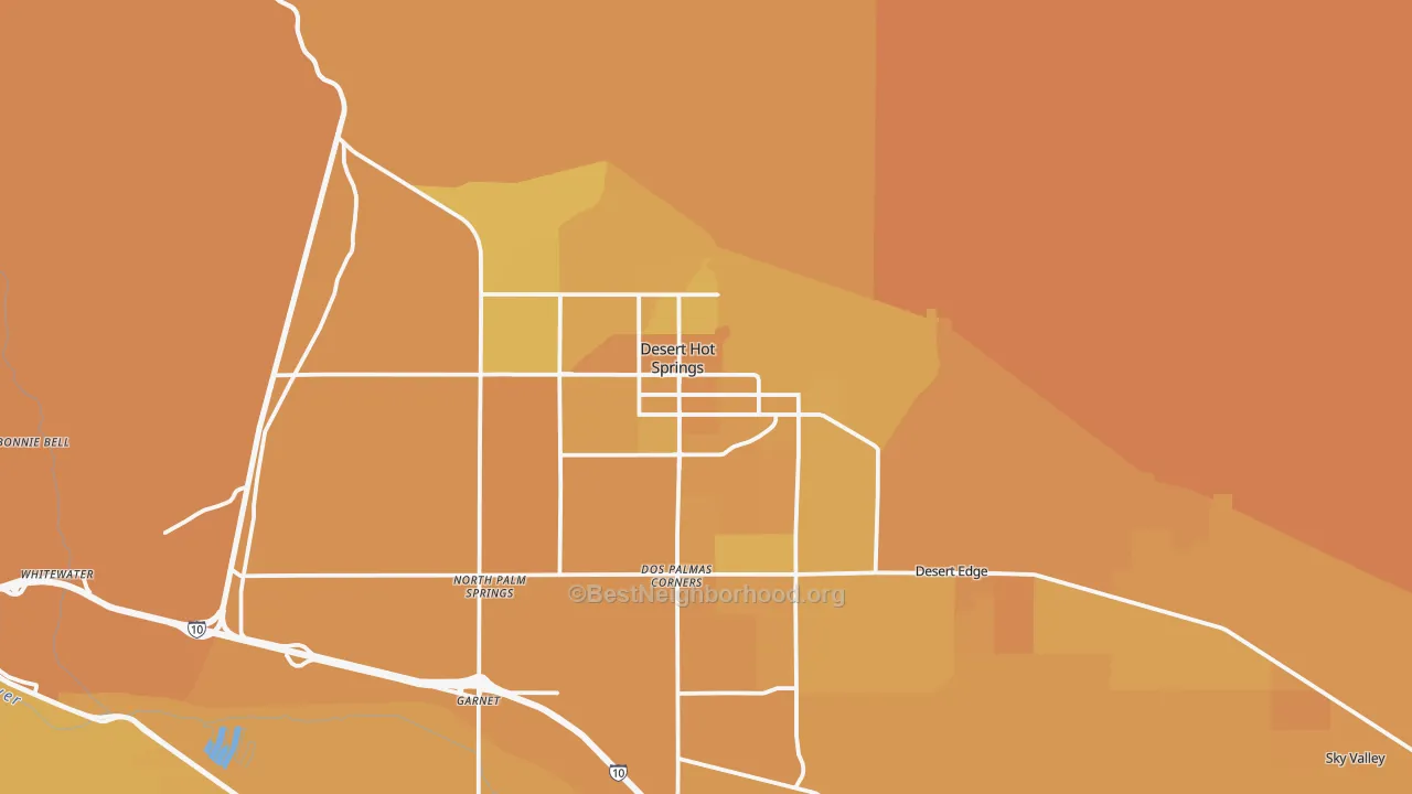 Map of the best neighborhoods in the Desert Hot Springs area, with better matches in green and worse matches in red