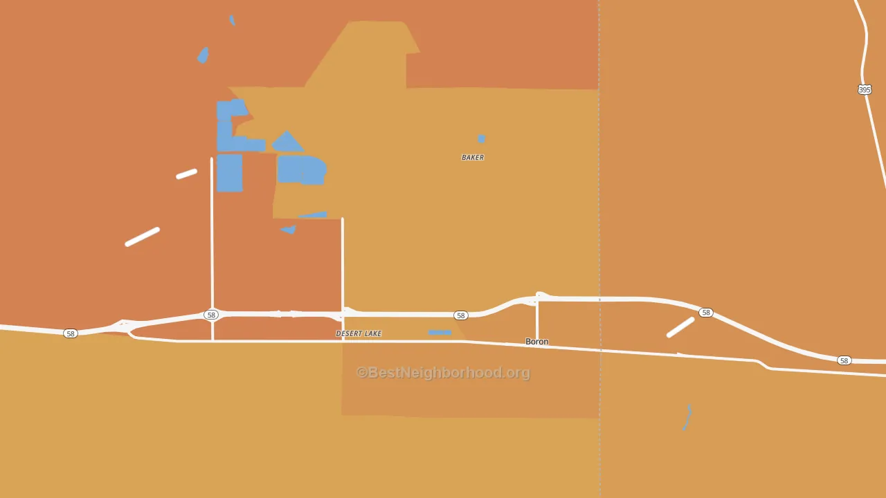 Map of the best neighborhoods in the Desert Lake area, with better matches in green and worse matches in red