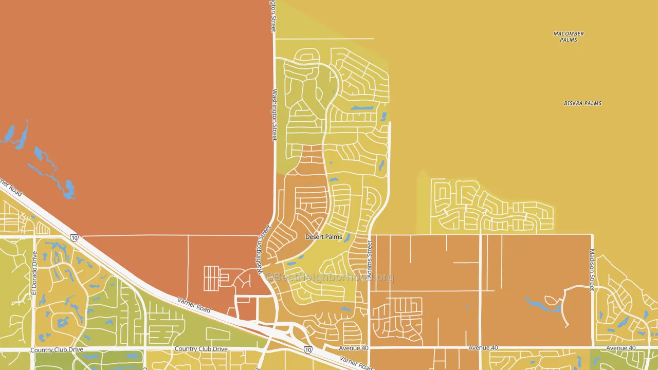 Map of the best neighborhoods in the Desert Palms area, with better matches in green and worse matches in red