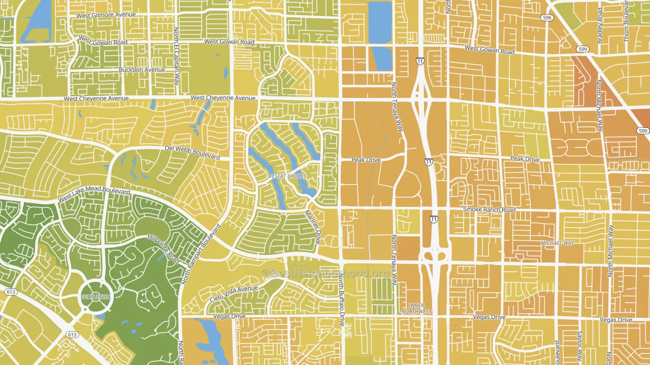 Map of the best neighborhoods in the Desert Shores, Las Vegas area, with better matches in green and worse matches in red