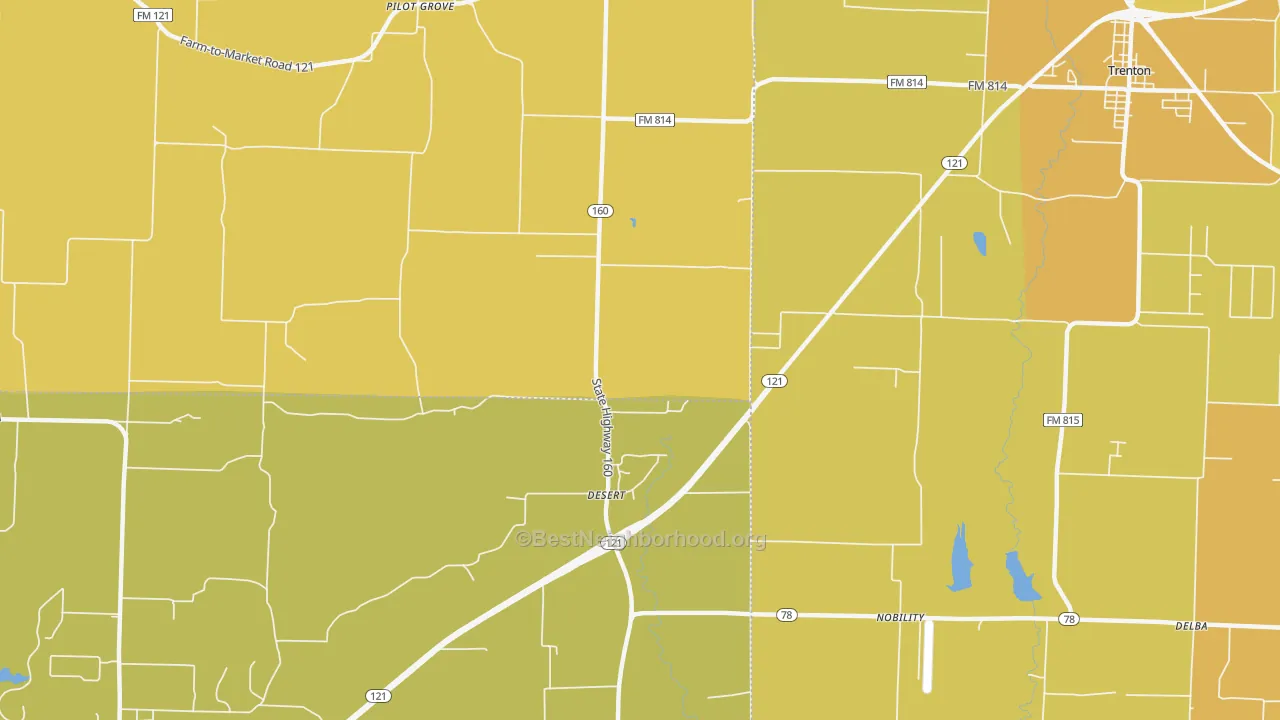 Map of the best neighborhoods in the Desert area, with better matches in green and worse matches in red