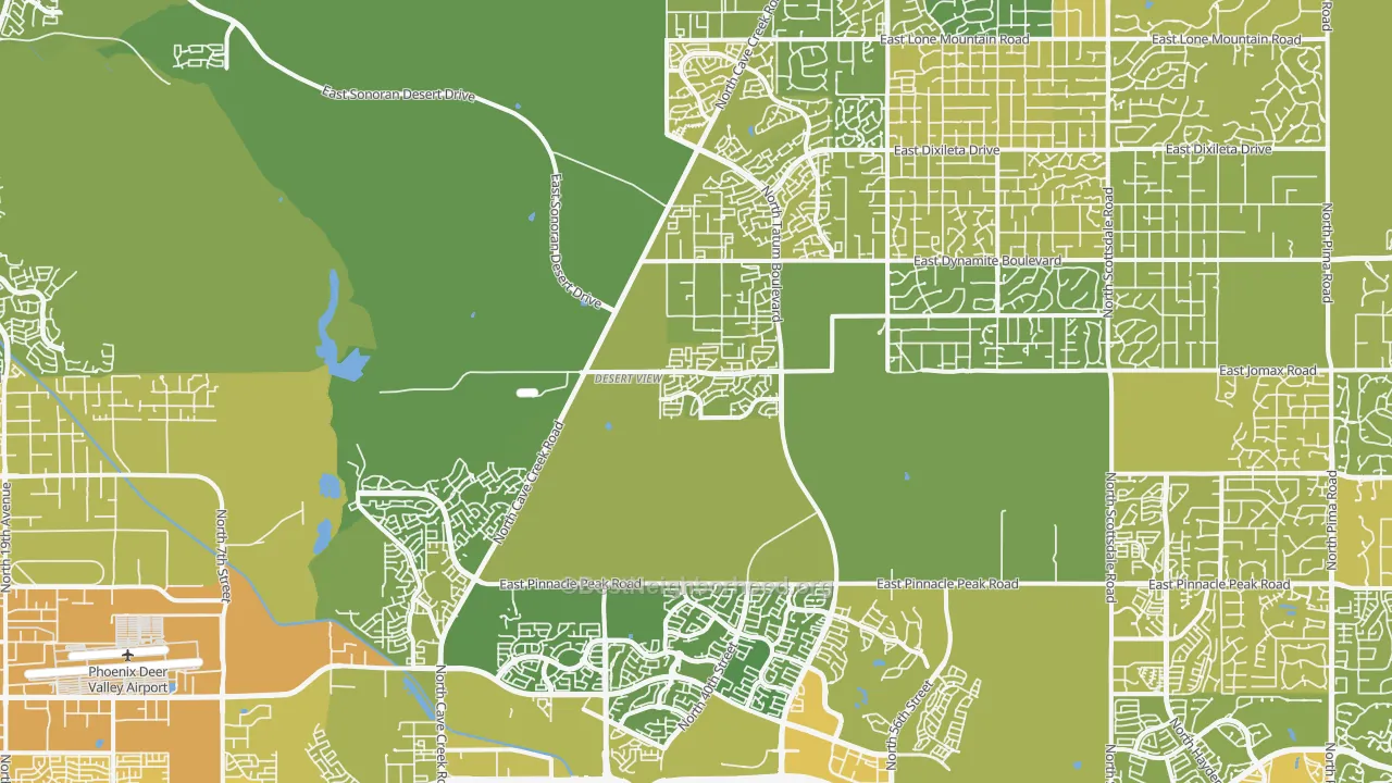 Map of the best neighborhoods in the Desert View, Phoenix area, with better matches in green and worse matches in red