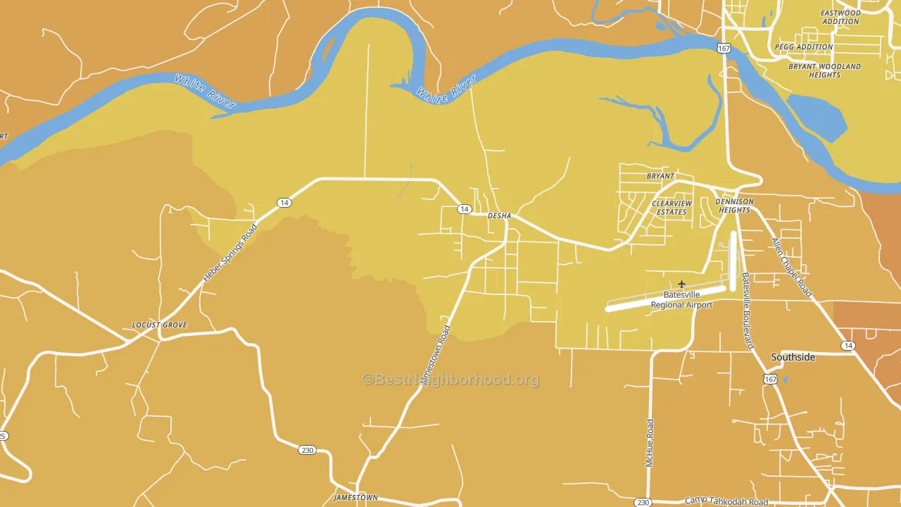 Map of the best neighborhoods in the Desha area, with better matches in green and worse matches in red