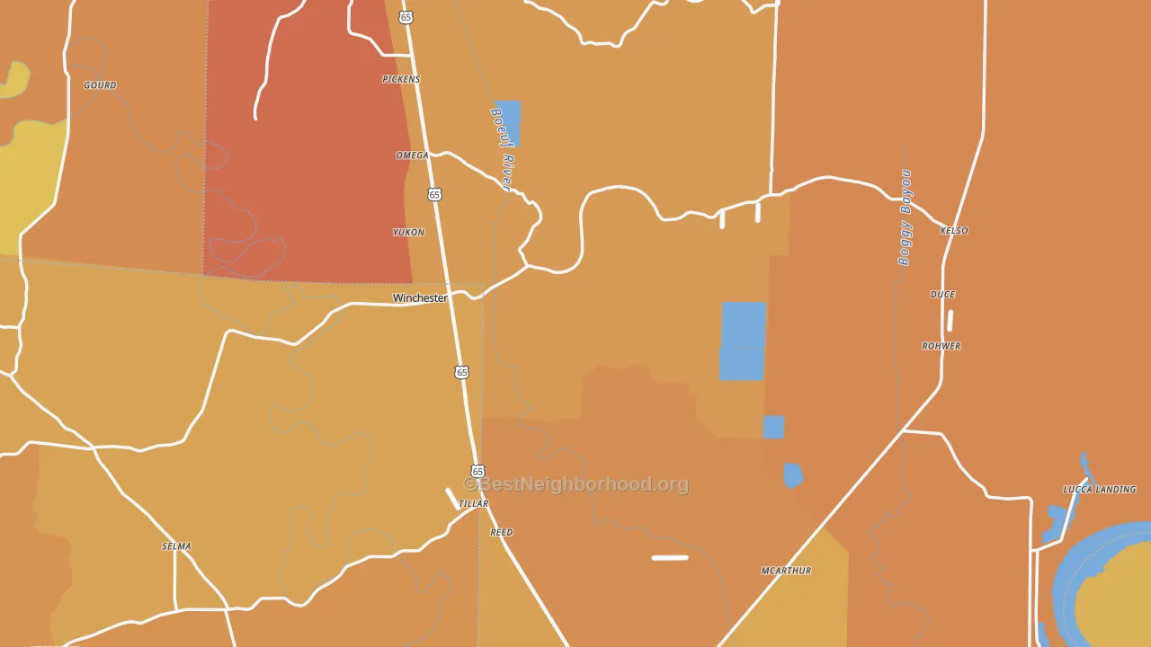Map of the best neighborhoods in the Desha County area, with better matches in green and worse matches in red