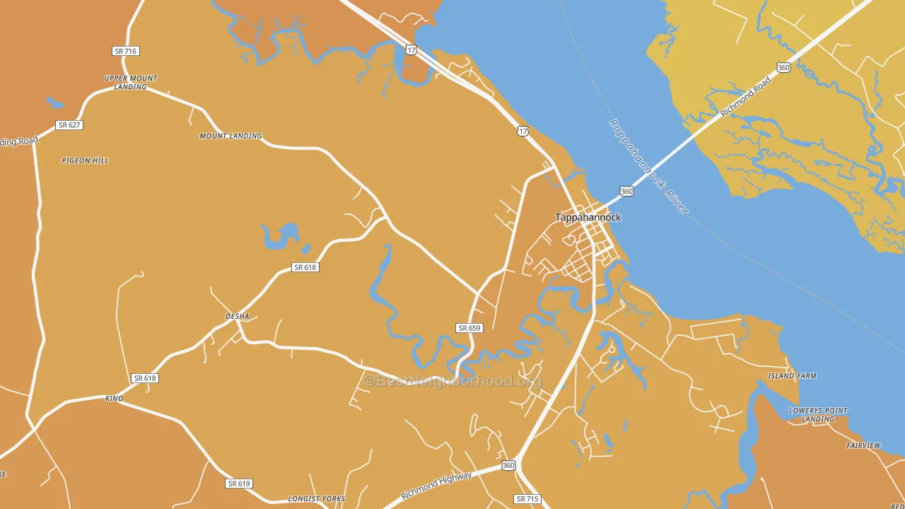 Map of the best neighborhoods in the Desha area, with better matches in green and worse matches in red