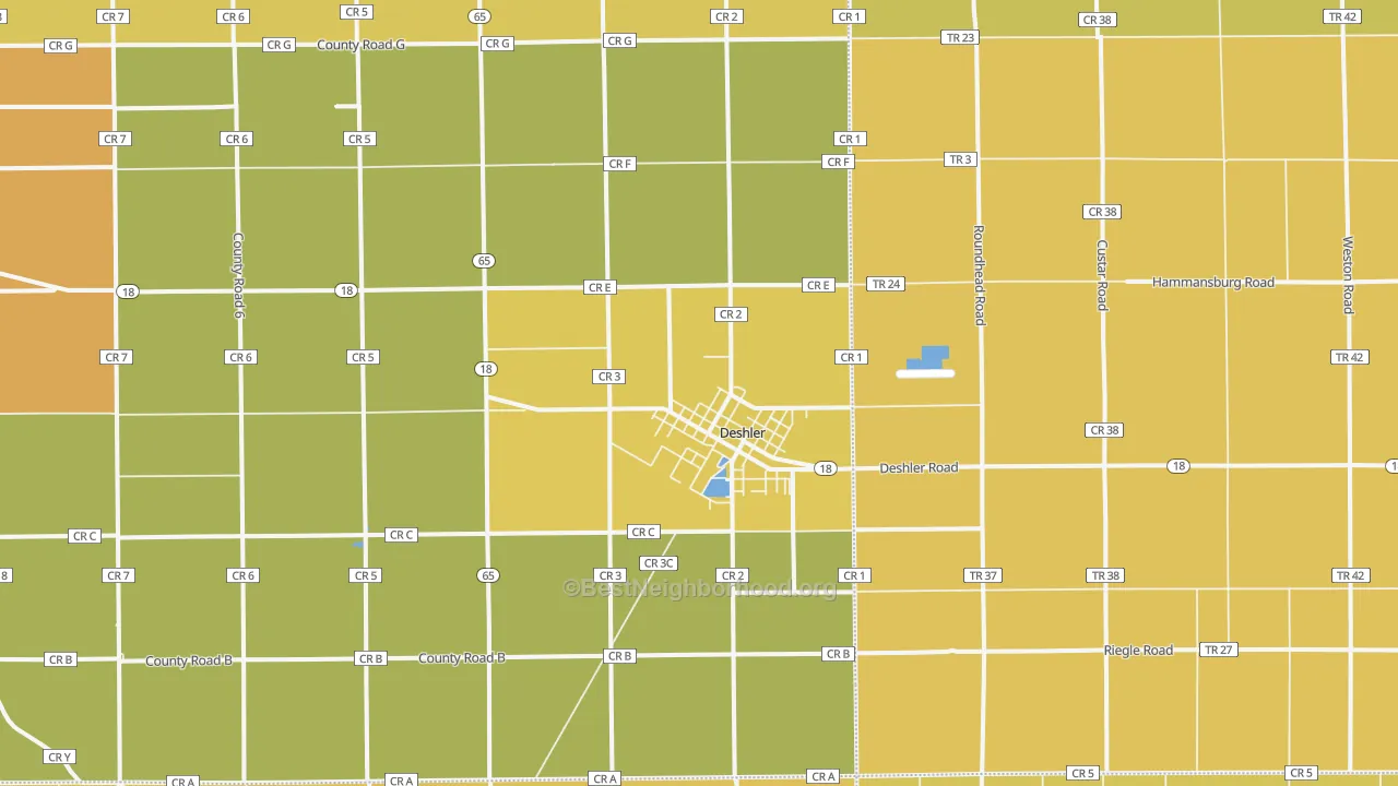 Map of the best neighborhoods in the Deshler area, with better matches in green and worse matches in red