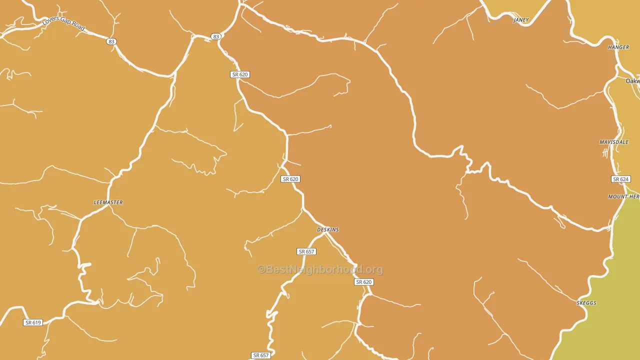 Map of the best neighborhoods in the Deskins area, with better matches in green and worse matches in red
