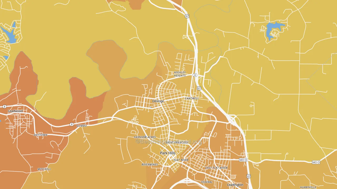 Map of the best neighborhoods in the Desloge area, with better matches in green and worse matches in red