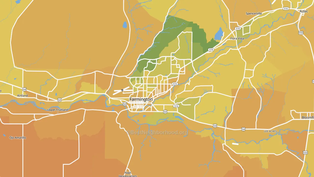 Map of the best neighborhoods in the DeSmet area, with better matches in green and worse matches in red