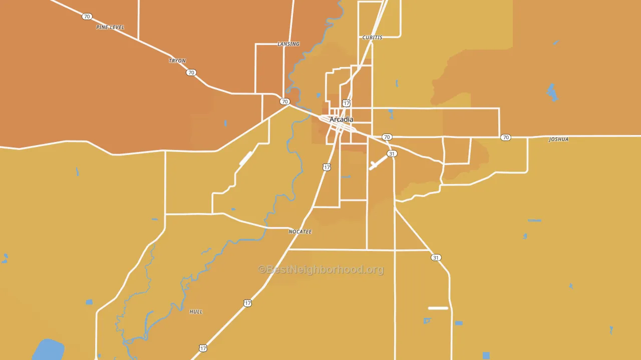 Map of the best neighborhoods in the DeSoto County area, with better matches in green and worse matches in red