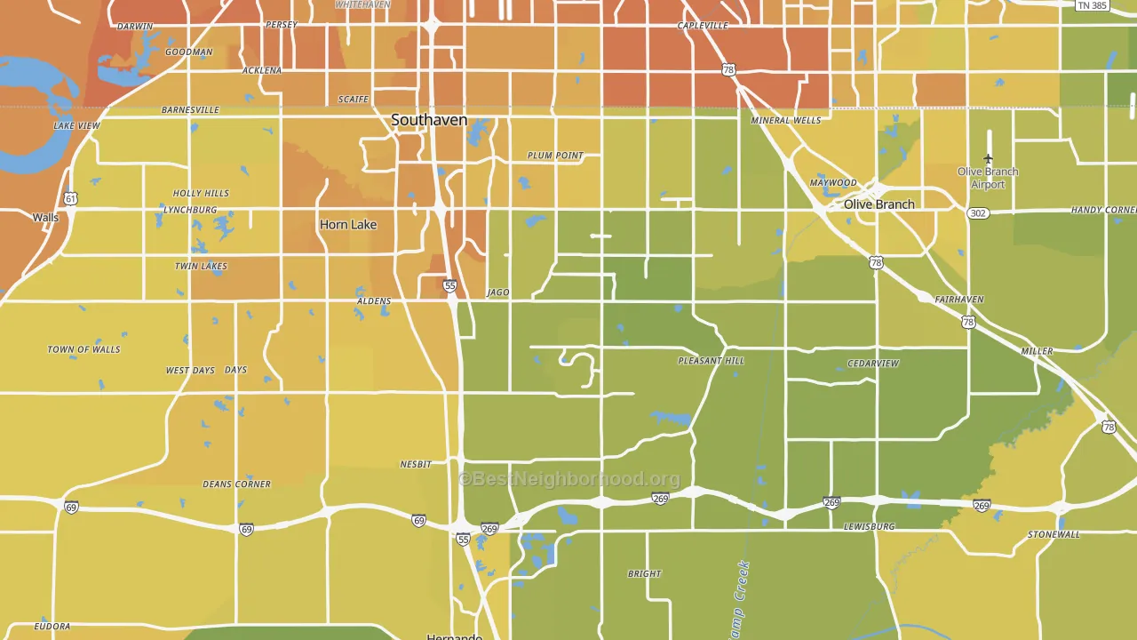 Map of the best neighborhoods in the DeSoto County area, with better matches in green and worse matches in red