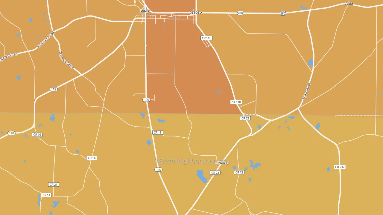 Map of the best neighborhoods in the DeSoto area, with better matches in green and worse matches in red