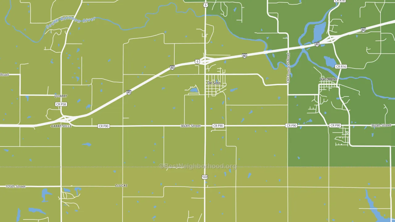 Map of the best neighborhoods in the DeSoto area, with better matches in green and worse matches in red