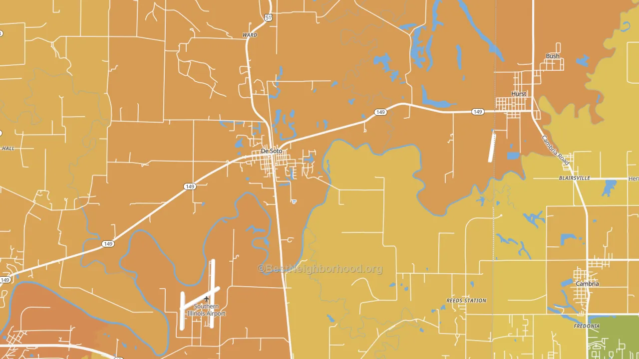 Map of the best neighborhoods in the DeSoto area, with better matches in green and worse matches in red