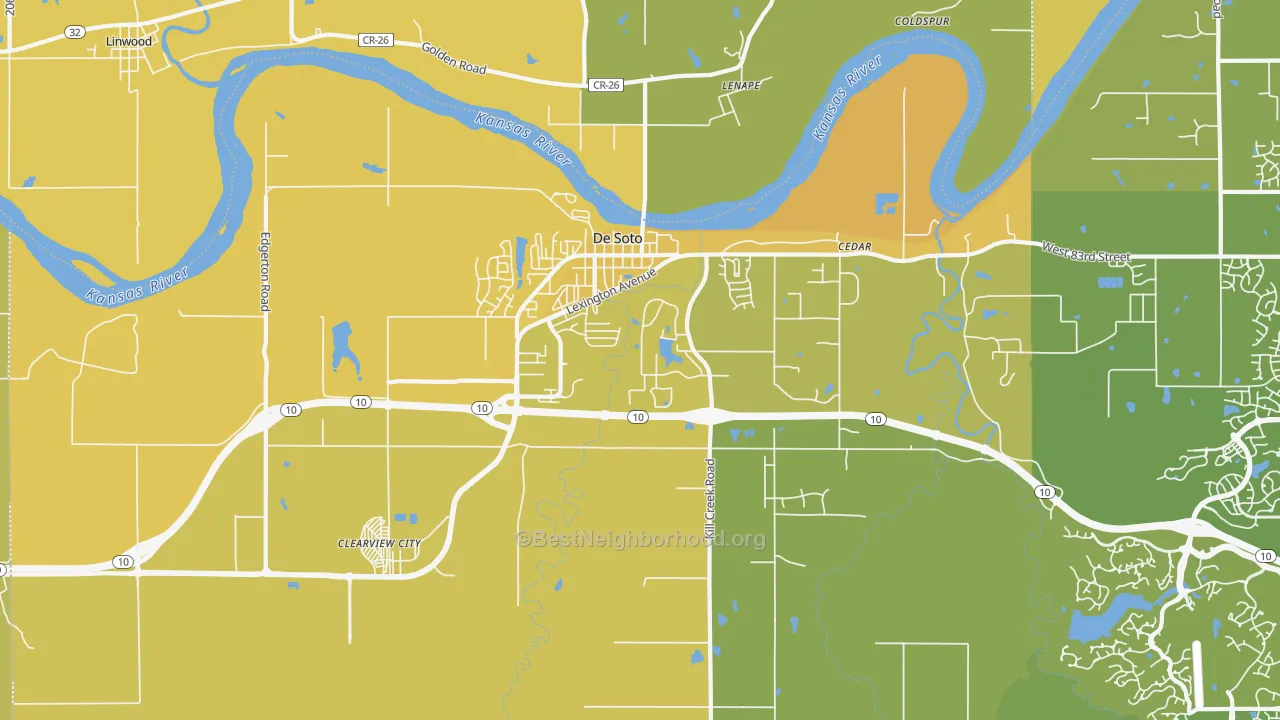 Map of the best neighborhoods in the DeSoto area, with better matches in green and worse matches in red